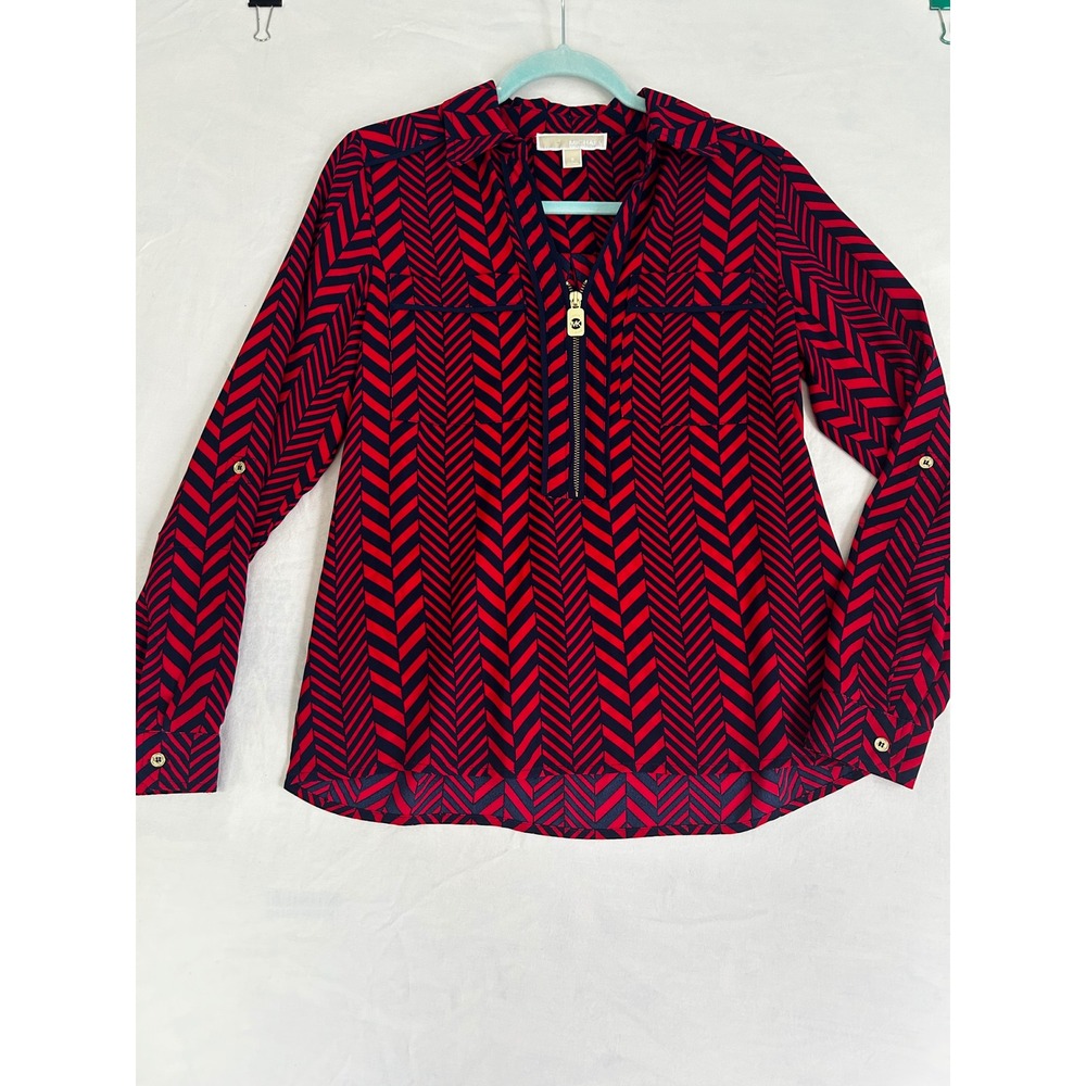 Michael Michael Kors Red Navy‎ Chevron Half Zip Roll Tab Sleeve Blouse Small